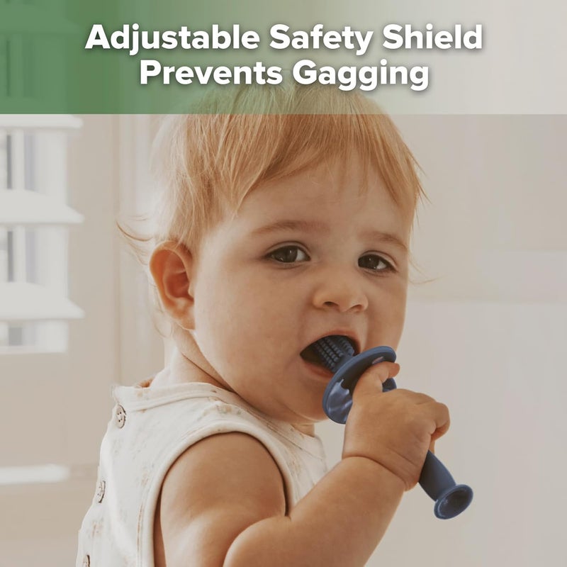 haakaa 360° Baby Toothbrush with Suction Base - Gentle Cleaning for Infant Self-Brushing Training, Food-Grade Silicone, Adjustable Safety Shield - Steel Blue (1 Piece) - Image 3