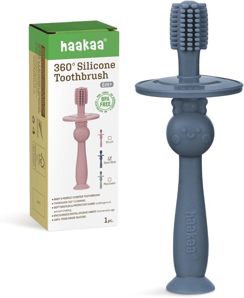 haakaa 360° Baby Toothbrush with Suction Base - Gentle Cleaning for Infant Self-Brushing Training, Food-Grade Silicone, Adjustable Safety Shield - Steel Blue (1 Piece) - Image 1