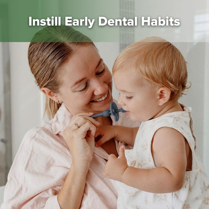 haakaa 360° Baby Toothbrush with Suction Base - Gentle Cleaning for Infant Self-Brushing Training, Food-Grade Silicone, Adjustable Safety Shield - Steel Blue (1 Piece) - Image 2