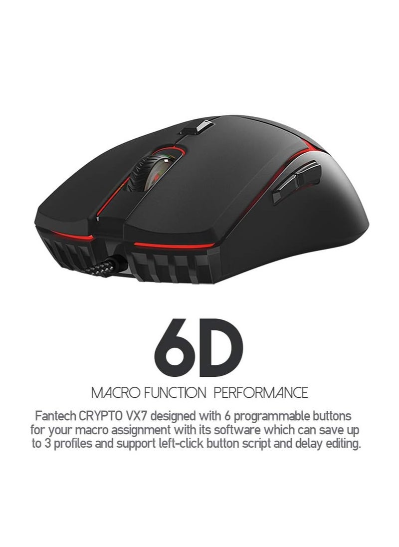FANTECH - Fantech Crypto VX7 Macro RGB Wired Gaming Mouse, Up to 60 IPS / 15G Acceleration, Resolution: 200-8,000 DPI Optical Sensor, 125Hz Polling Rate, 10 Million Clicks Lifetime, 6 Programmable Buttons Mice - Image 1