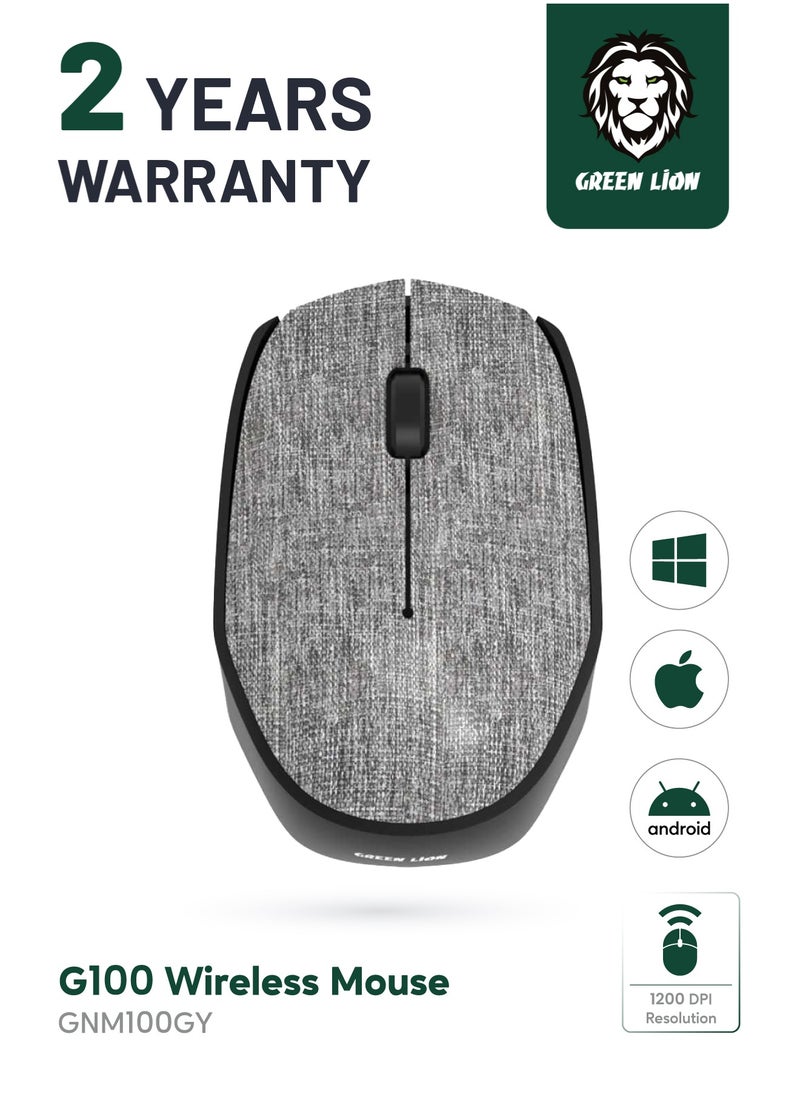جرين ليون - ماوس لاسلكي G100 2.4 جيجا هرتز / دقة 1200 نقطة في البوصة / مستقبل USB Nano / نطاق تشغيل يصل إلى 10 أمتار - رمادي - Image 1