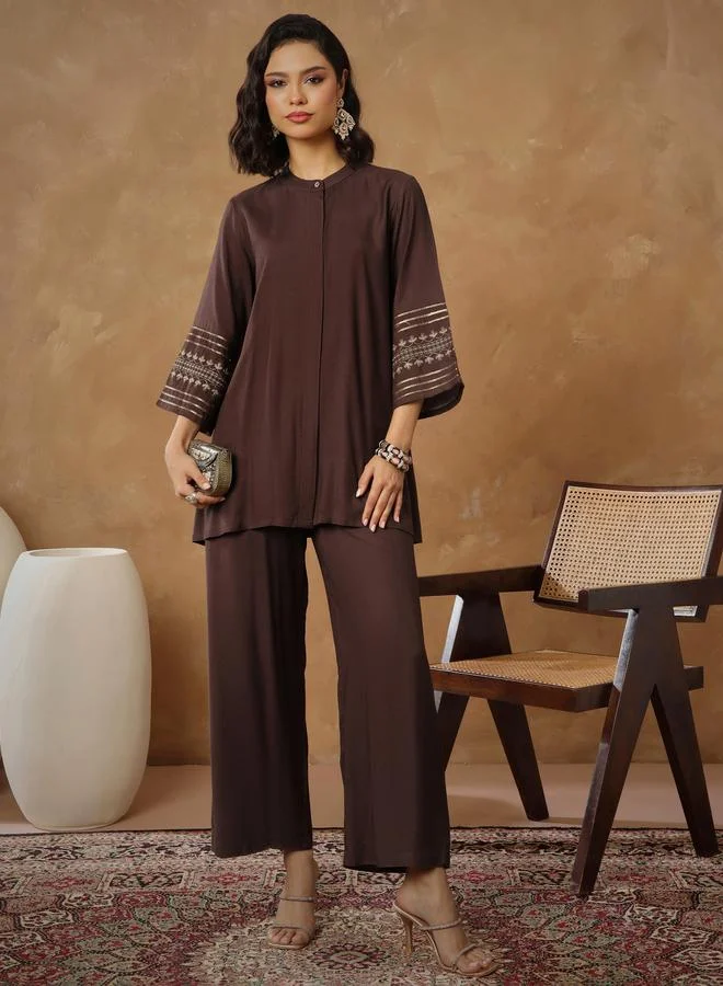 SASSAFRAS Brown Zari Embroidered Sleeve Top and Pants Co-Ords