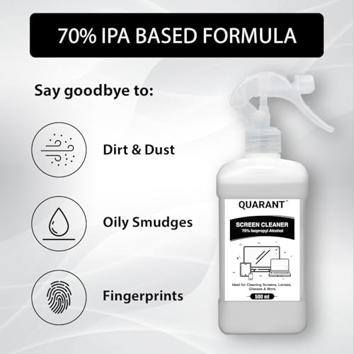 QUARANT Screen Cleaning Kit for Laptop, TV, Tablet, Mobile, Display, Glass & Lens, Screen Cleaner Liquid Spray Bottle with 70% Isopropyl Alcohol & 300 GSM Dual Sided 40x40 cm Microfiber Cloth (500 ML) - Image 3
