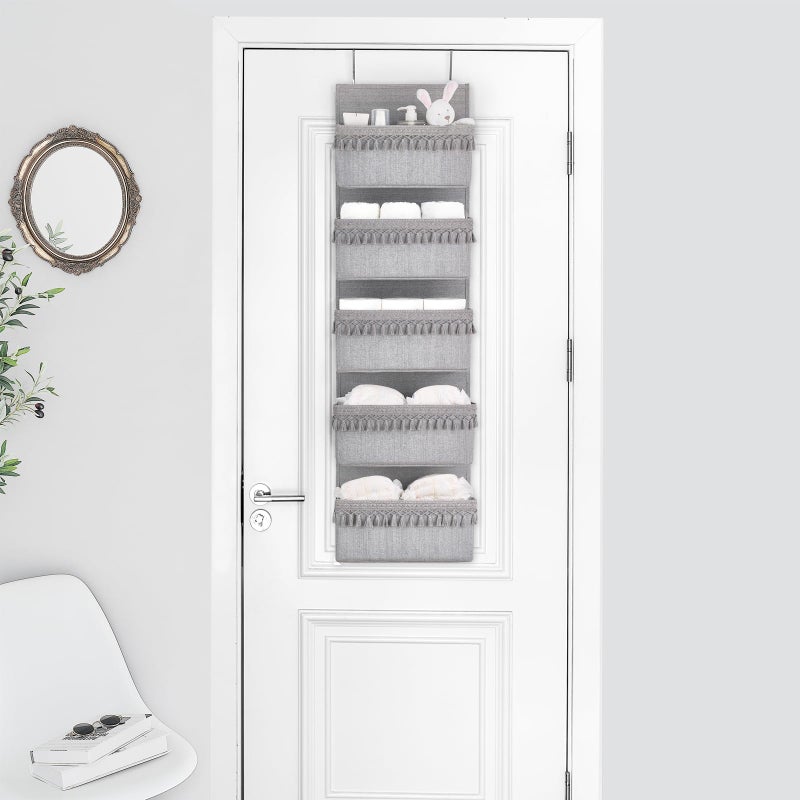 Dahey Over The Door Organizer Boho Nursery Storage Decor Closet Hanging Organizer with Tassels Decoration for Bedroom Nursery Bathroom Apartments Dorm Pantry, 5 Pockets, Grey - Image 2