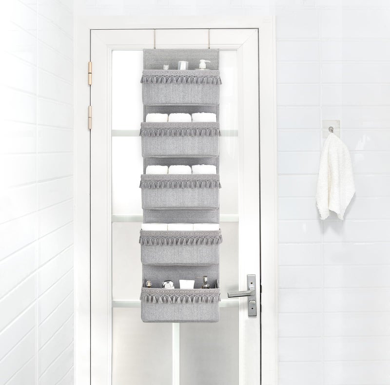 Dahey Over The Door Organizer Boho Nursery Storage Decor Closet Hanging Organizer with Tassels Decoration for Bedroom Nursery Bathroom Apartments Dorm Pantry, 5 Pockets, Grey - Image 4