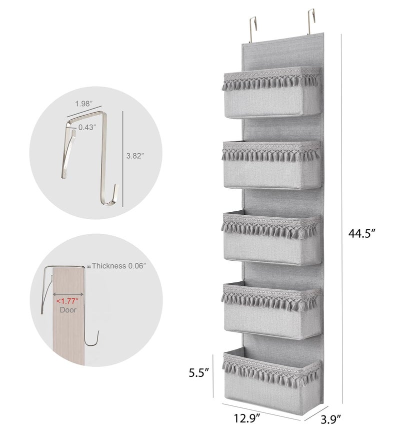 Dahey Over The Door Organizer Boho Nursery Storage Decor Closet Hanging Organizer with Tassels Decoration for Bedroom Nursery Bathroom Apartments Dorm Pantry, 5 Pockets, Grey - Image 3