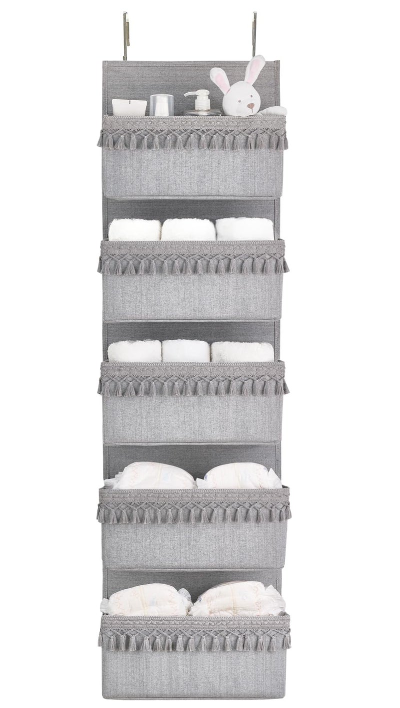 Dahey Over The Door Organizer Boho Nursery Storage Decor Closet Hanging Organizer with Tassels Decoration for Bedroom Nursery Bathroom Apartments Dorm Pantry, 5 Pockets, Grey - Image 1
