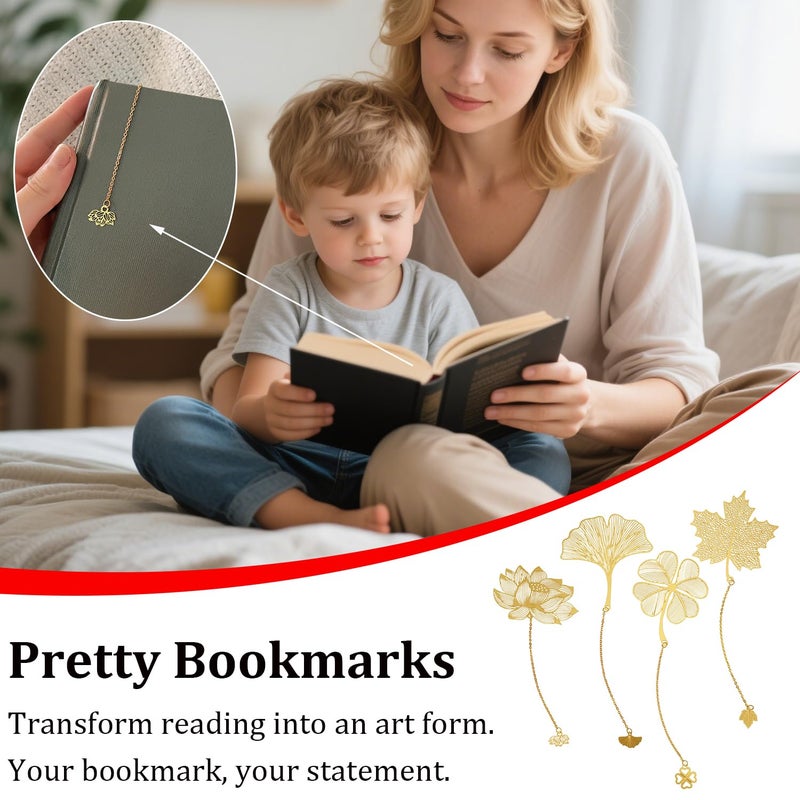Fermus 4 Pack Metal Bookmarks with Chain, Golden Hollow Bookmark Gift for Book Lovers, Writers, Readers, Children, Teens, Men, Women, Adults - Image 2