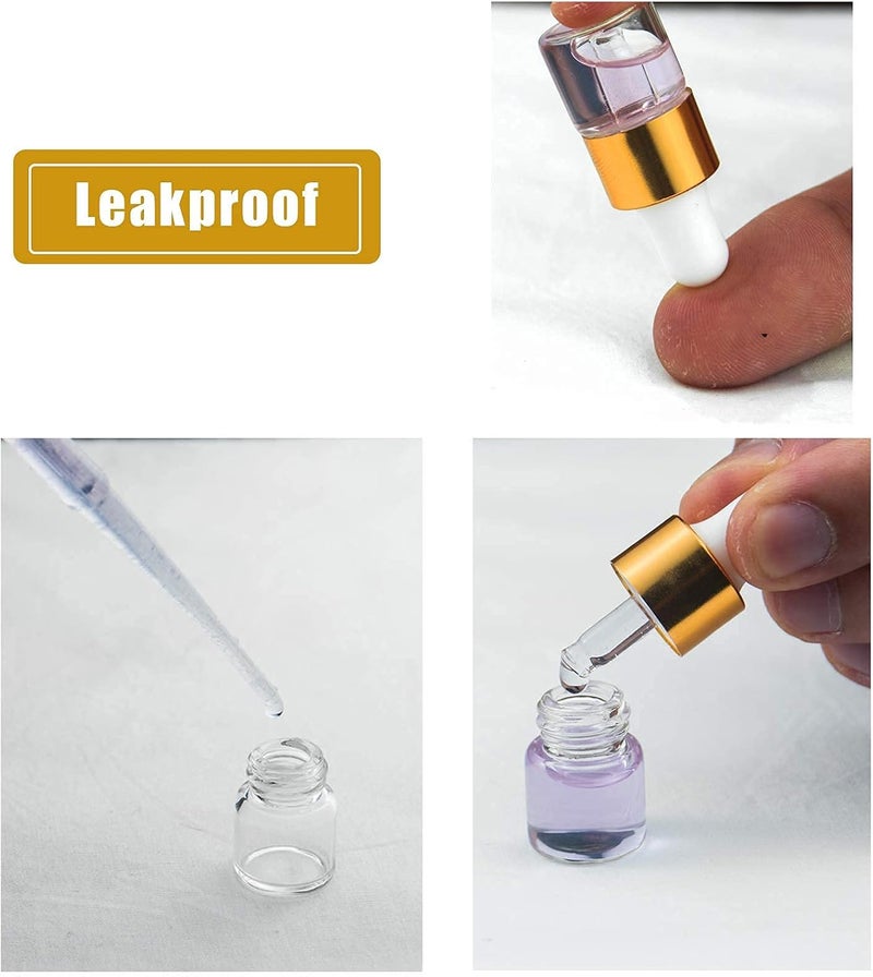 Easeen Sample Dropper Bottles, Mini Dropper Bottles with 2 Pcs Plastic Droppers for Traveling Essential Oils DIY Cosmetic Liquid Sample Perfume, Gold, 1ML, Minimalist - Image 3