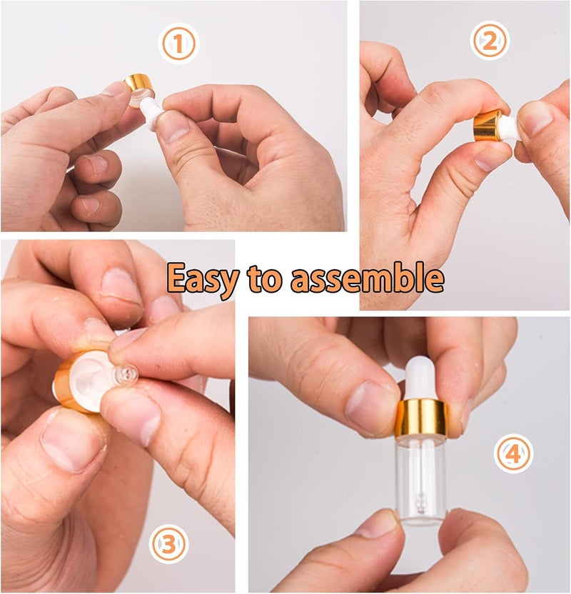 Easeen Sample Dropper Bottles, Mini Dropper Bottles with 2 Pcs Plastic Droppers for Traveling Essential Oils DIY Cosmetic Liquid Sample Perfume, Gold, 1ML, Minimalist - Image 4