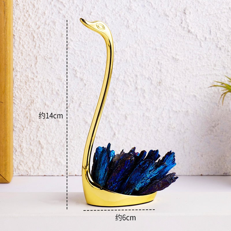 Runyangshi Natural Crystal Swan Ornament with Electroplated Black Tourmaline, Blue Feathers, and Purple-Yellow Quartz - Perfect Wedding Gift - Image 1