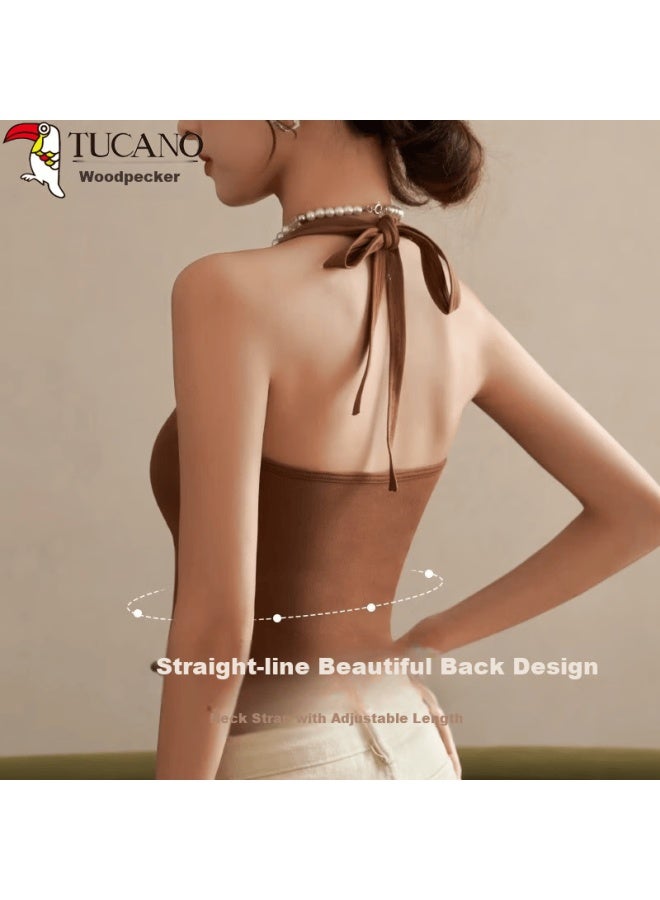 WOODPECKER Wood Vintage Style Halter Tank Top With Chest Pad, Backless Bra, Burgundy, Size S - Image 3
