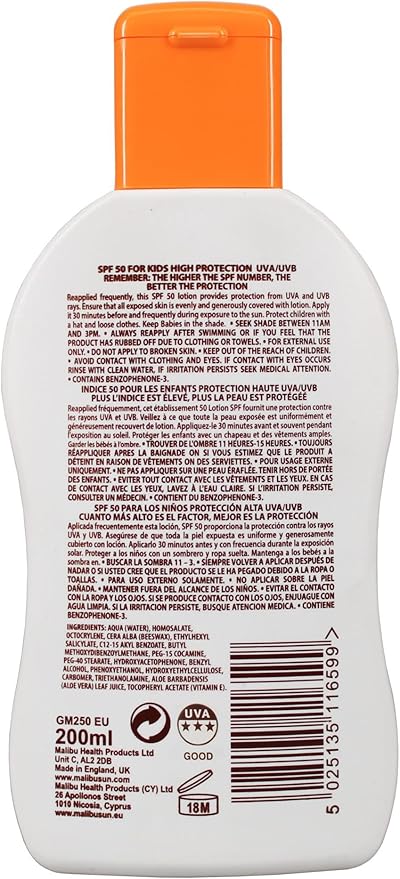 Malibu لوسيون ماليفو للأطفال SPF 30 كريم واقي من الشمس عالي الحماية مقاوم للماء مع فيتامين E وزيت الألوة فيرا 100 مل - Image 2