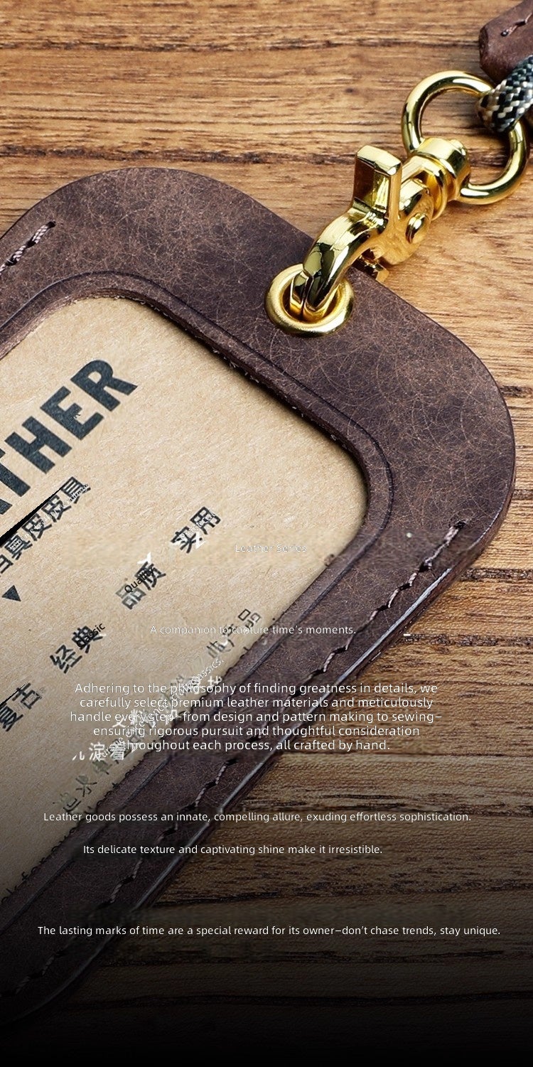 Matte Vegetable Tanned Genuine Leather Card Holder Top Grain Cowhide ID Badge Case with Lanyard for Bus Pass, Work ID, Office Daily Use - Image 5