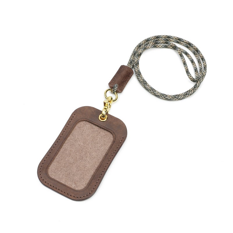 Matte Vegetable Tanned Genuine Leather Card Holder Top Grain Cowhide ID Badge Case with Lanyard for Bus Pass, Work ID, Office Daily Use - Image 4