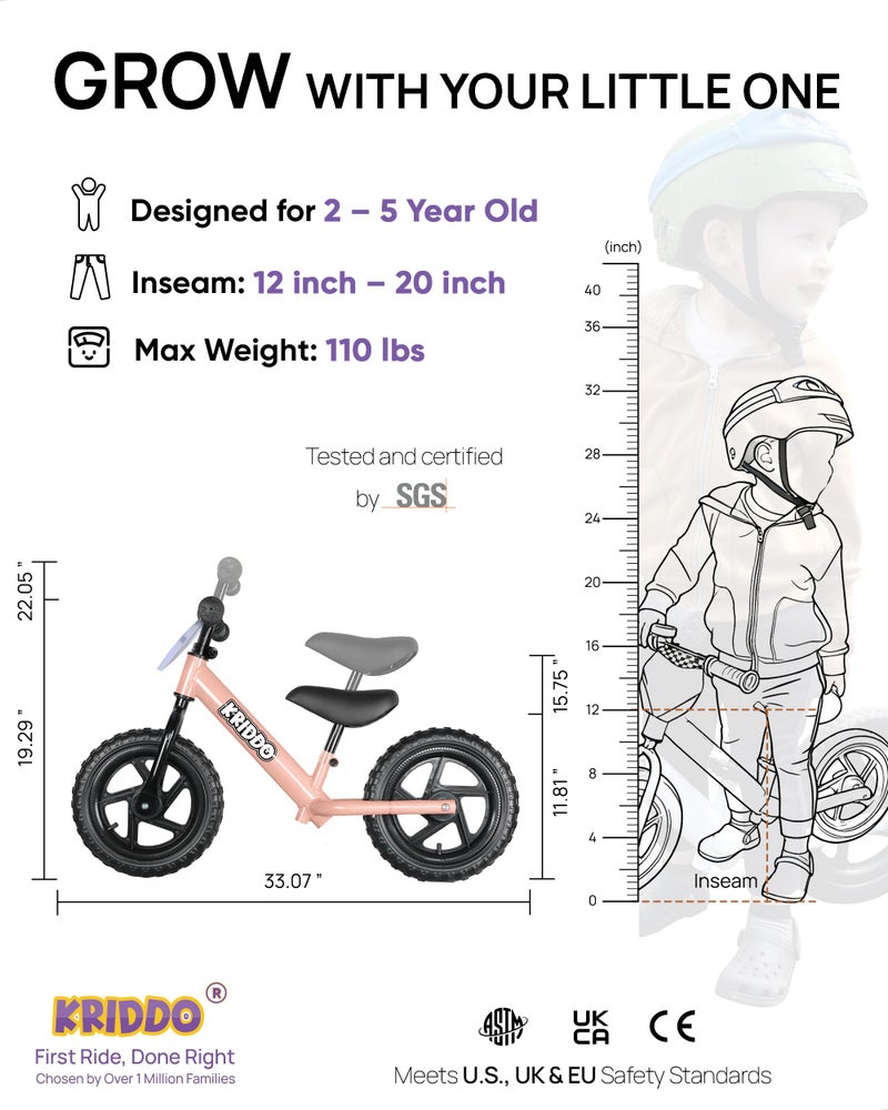 KRIDDO Toddler Balance Bike 2 Year Old, Age 24 Months to 5 Years Old, 12 Inch Push Bicycle with Customize Plate (3 Sets of Stickers Included), Steady Balancing, Gift Bike for 2-3 Boys Girls, Pink - Image 3
