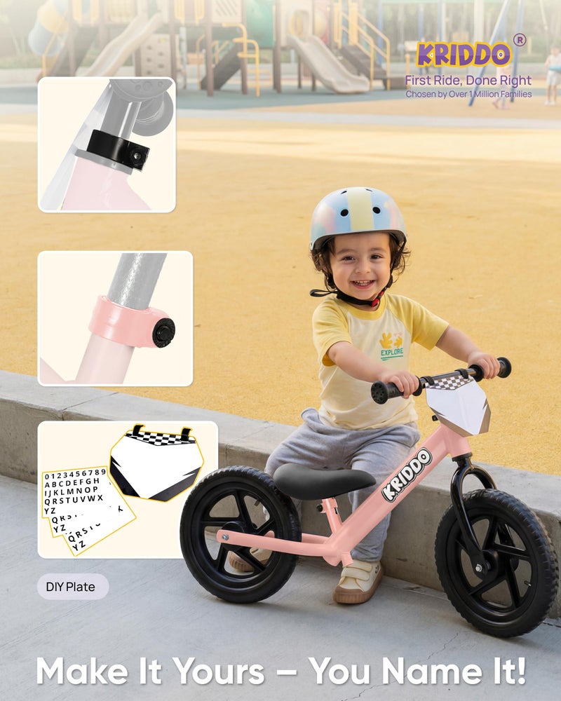 KRIDDO Toddler Balance Bike 2 Year Old, Age 24 Months to 5 Years Old, 12 Inch Push Bicycle with Customize Plate (3 Sets of Stickers Included), Steady Balancing, Gift Bike for 2-3 Boys Girls, Pink - Image 4