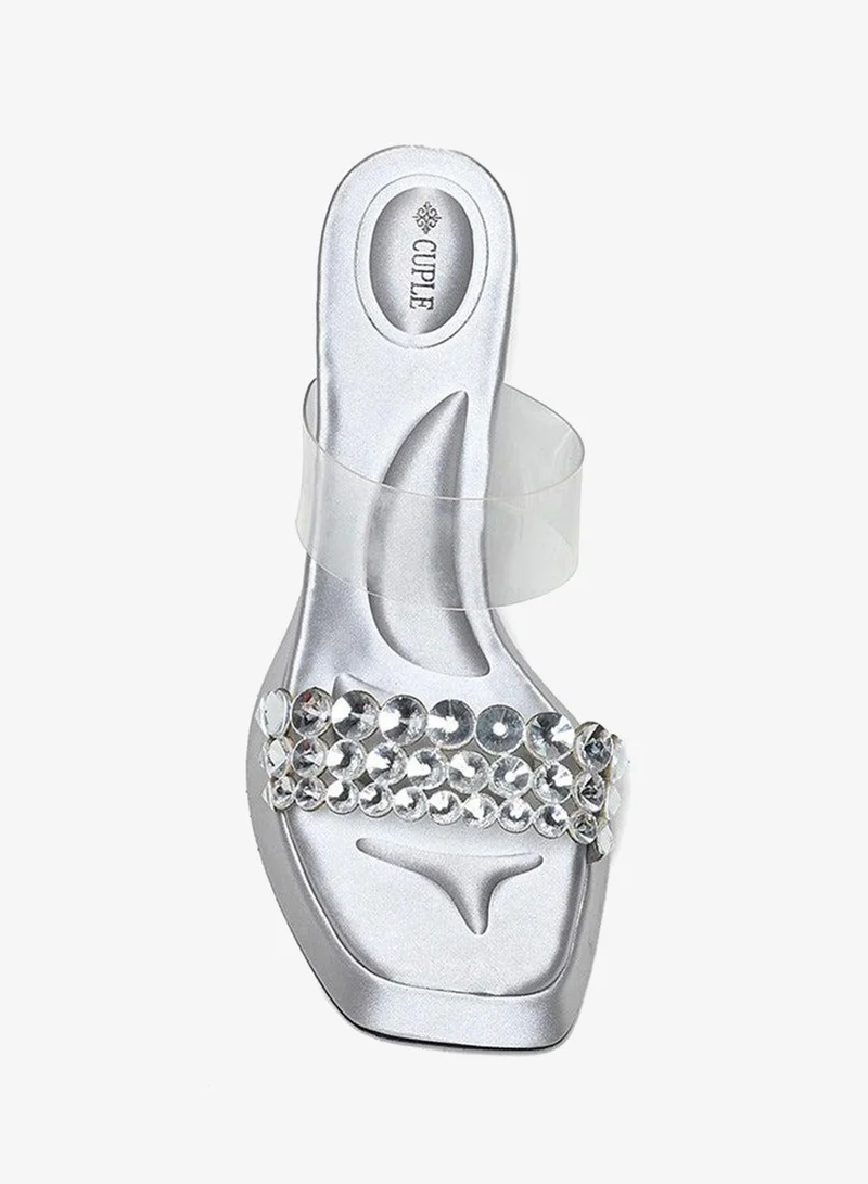 Cuple Silver Comfort Double strap Embellished  Heeled Sandals for Women | Best Price UAE