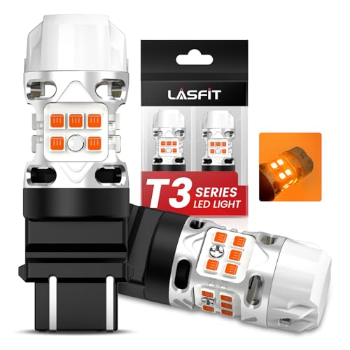 LASFIT لمبة LED LASFIT 3157 باللون الكهرماني، T3 4157 3057 إشارة انعطاف مع مقاوم مدمج خالية من أخطاء CANBUS، ترقية للإضاءة الأمامية والخلفية 3457 3047 3357 4057 3056 3456 4156، فقط لمقبس قياسي، عبوة من 2 - Image 1