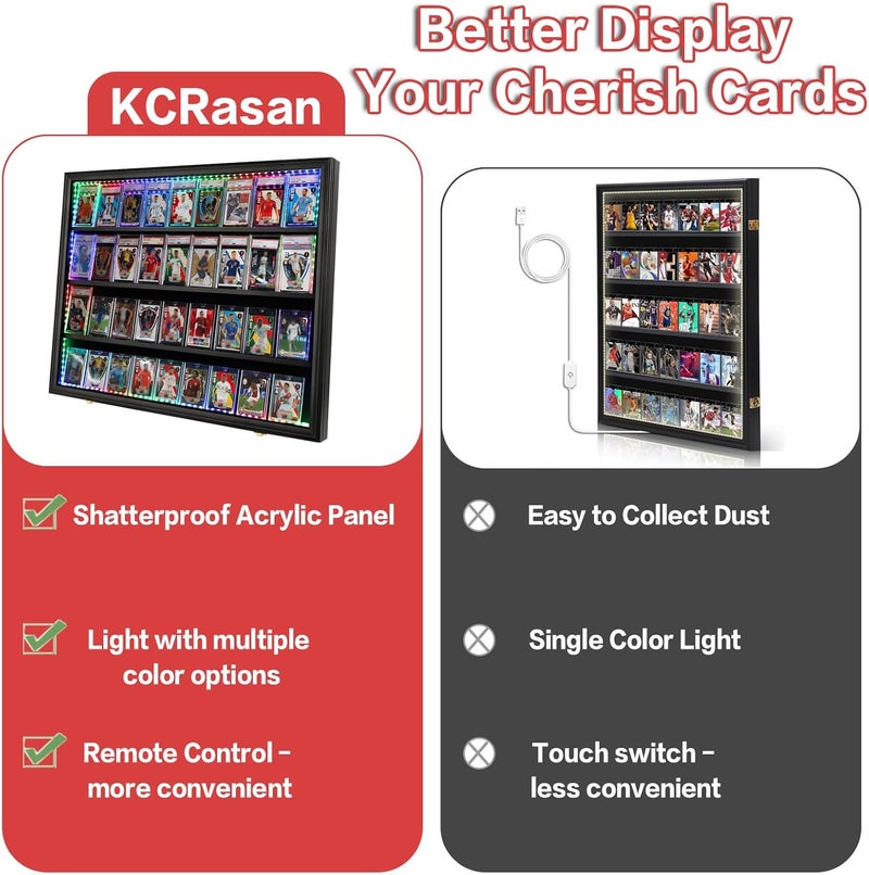 KCRasan حافظة عرض بطاقات رياضية مصنفة لـ 36 بطاقة مع إضاءة LED - إطار عرض بطاقات البيسبول قابل للقفل - حامل عرض بطاقات التداول لجدران كرة السلة وكرة القدم وهوكي الجليد، حماية من الأشعة فوق البنفسجية من الأكريليك - Image 4