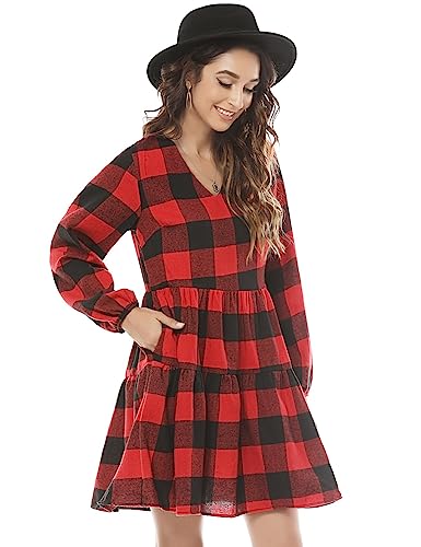 FANCYINN Womens Long Sleeve Buffalo Plaid Shift Tunic Dress Ruffle Hem Vneck Casual Swing Babydoll Mini Dress with Pockets Red & Black L - Image 2