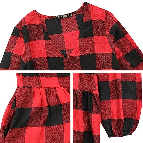 FANCYINN Womens Long Sleeve Buffalo Plaid Shift Tunic Dress Ruffle Hem Vneck Casual Swing Babydoll Mini Dress with Pockets Red & Black L - Image 5