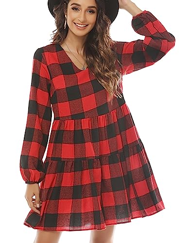 FANCYINN Womens Long Sleeve Buffalo Plaid Shift Tunic Dress Ruffle Hem Vneck Casual Swing Babydoll Mini Dress with Pockets Red & Black L - Image 1