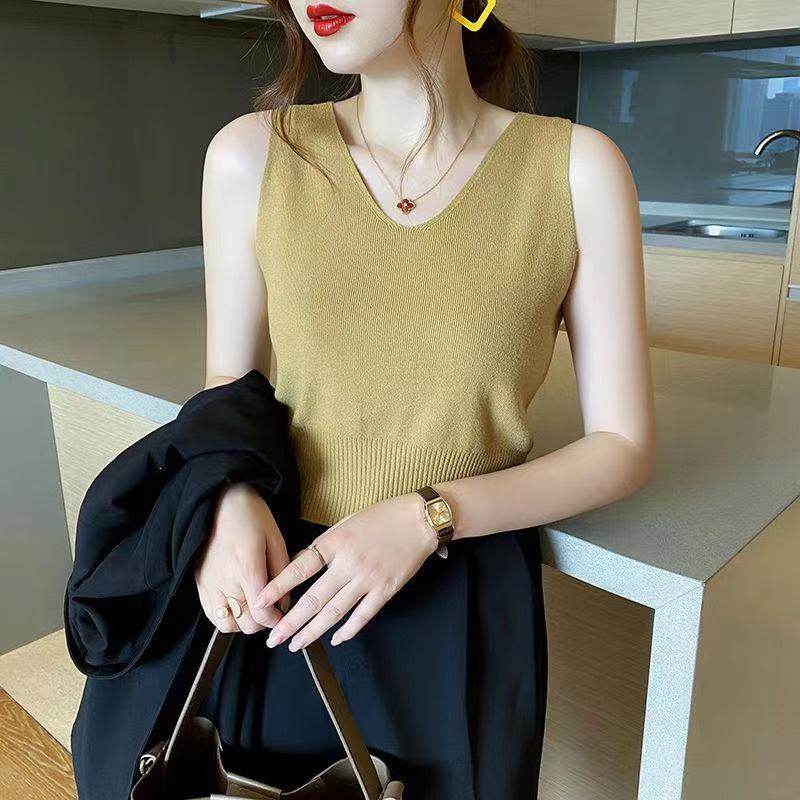 Kan sleeve undershirt women's inner wear summer ice silk v-neck vest top French chic small spaghetti strap knit sweater outer wear - Image 3