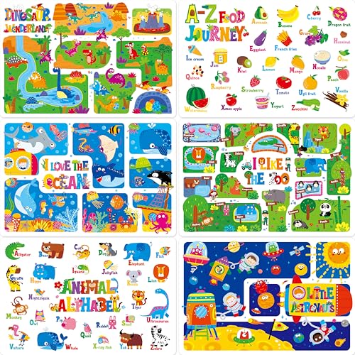 SpriteGru 6 Pack Placemats for Kids NonSlip Washable Reusable Animals Alphabet Dinosaur Universe Ocean Themed Educational Placemats for Home Kindergarten Classroom Nursery - Image 1