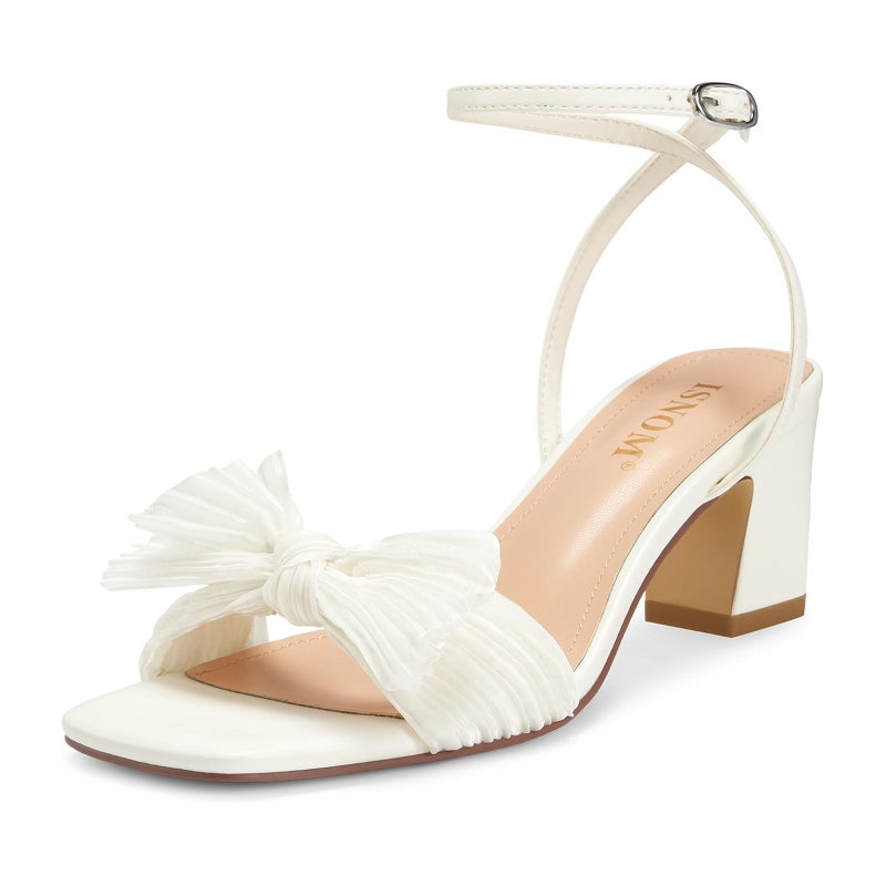 ISNOM White Heels for Women Bow Heels Ankle Buckle Strap Open Toe Block Chunky Heel Bride Wedding Party Fashion Bow Knot Heeled Sandals (White Size7) - Image 1