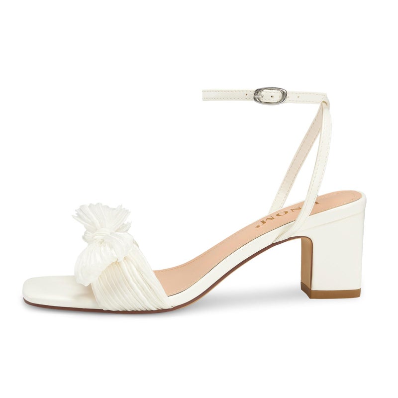 ISNOM White Heels for Women Bow Heels Ankle Buckle Strap Open Toe Block Chunky Heel Bride Wedding Party Fashion Bow Knot Heeled Sandals (White Size7) - Image 4