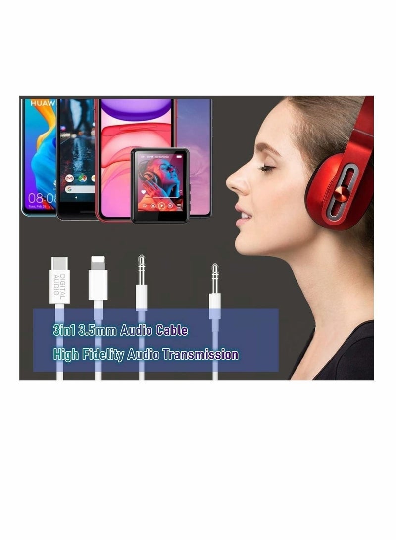 3in1 Car AUX Cable, 3.5mm HiFi Headset Audio Cord Car Stereo Aux Cable Compatible with All Kinds of Phone, Pad, Tablet, for PC, Laptop, MP3 to Work with Car Stereo, Headset, Speaker, Length 3.93Ft