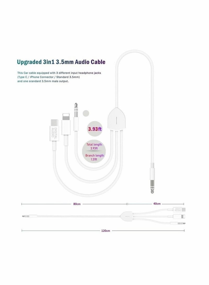 3in1 Car AUX Cable, 3.5mm HiFi Headset Audio Cord Car Stereo Aux Cable Compatible with All Kinds of Phone, Pad, Tablet, for PC, Laptop, MP3 to Work with Car Stereo, Headset, Speaker, Length 3.93Ft