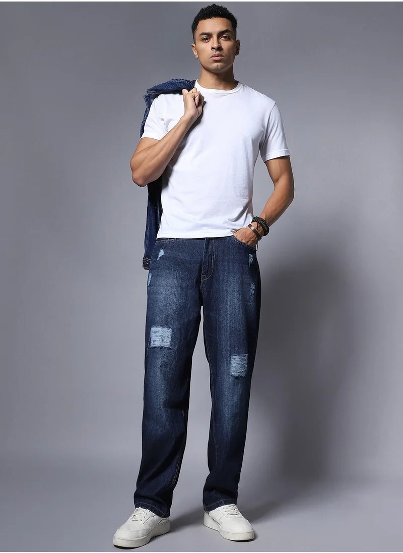 HIGH STAR Loose Fit Blue Wide Leg Mid Rise Jeans for Men