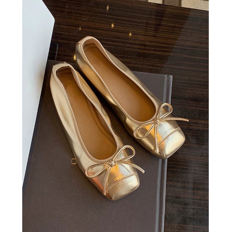 Genuine Leather Ballet Bow Silver Slip-On Flat Shoes for Women | Square Toe Soft Sole Mary Janes