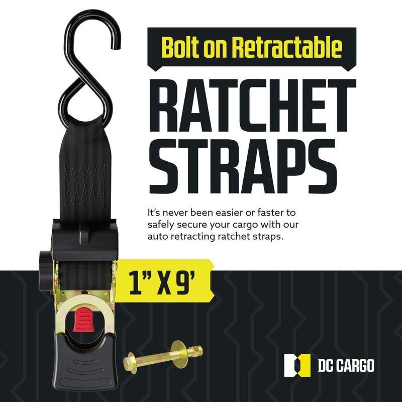 DC Cargo Mall Bolt-on Auto Retractable Ratchet Straps (2-Pack) 1â€ x 9ft, Heavy Duty, 1,209lb Break Strength â€“ Tie Down Straps for Boat, Jet Ski, RZR, ATV - Image 2