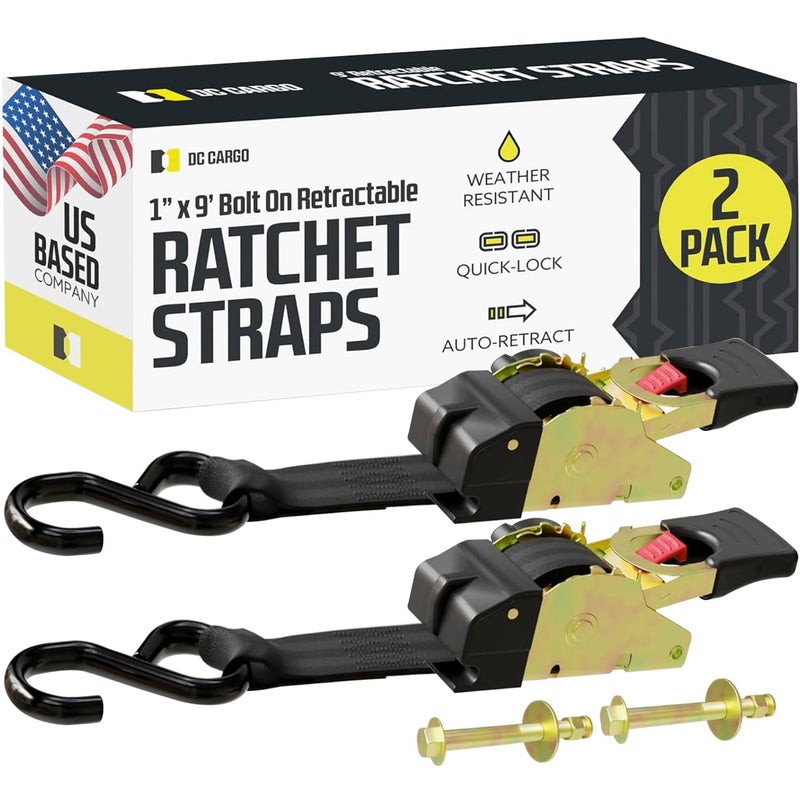 DC Cargo Mall Bolt-on Auto Retractable Ratchet Straps (2-Pack) 1â€ x 9ft, Heavy Duty, 1,209lb Break Strength â€“ Tie Down Straps for Boat, Jet Ski, RZR, ATV - Image 1