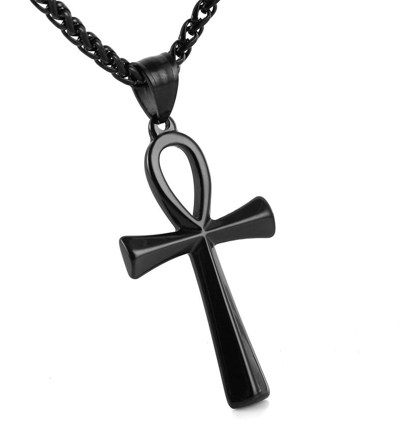 HZMAN Men's Black Stainless Steel Coptic Ankh Cross Religious Pendant Necklace, 22+2" Wheat Chain (Black) - Image 1