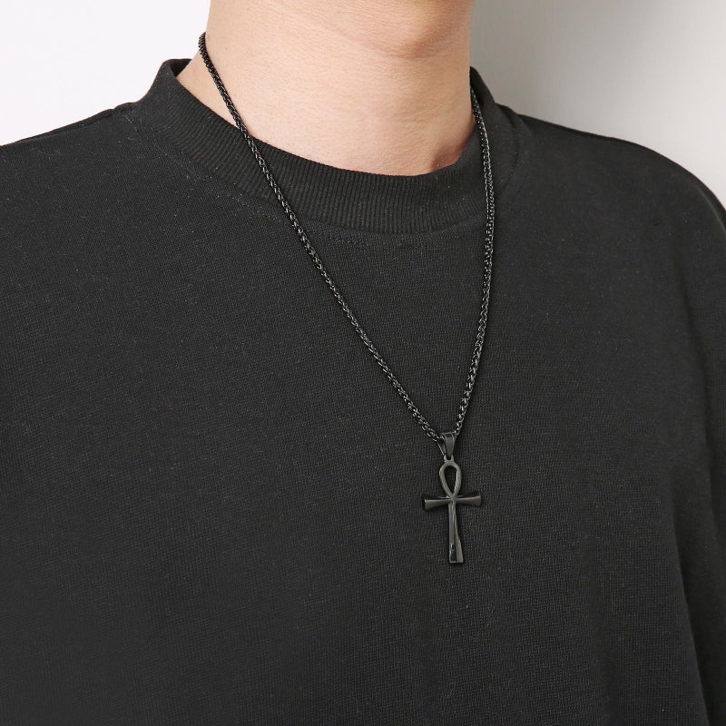 HZMAN Men's Black Stainless Steel Coptic Ankh Cross Religious Pendant Necklace, 22+2" Wheat Chain (Black) - Image 2