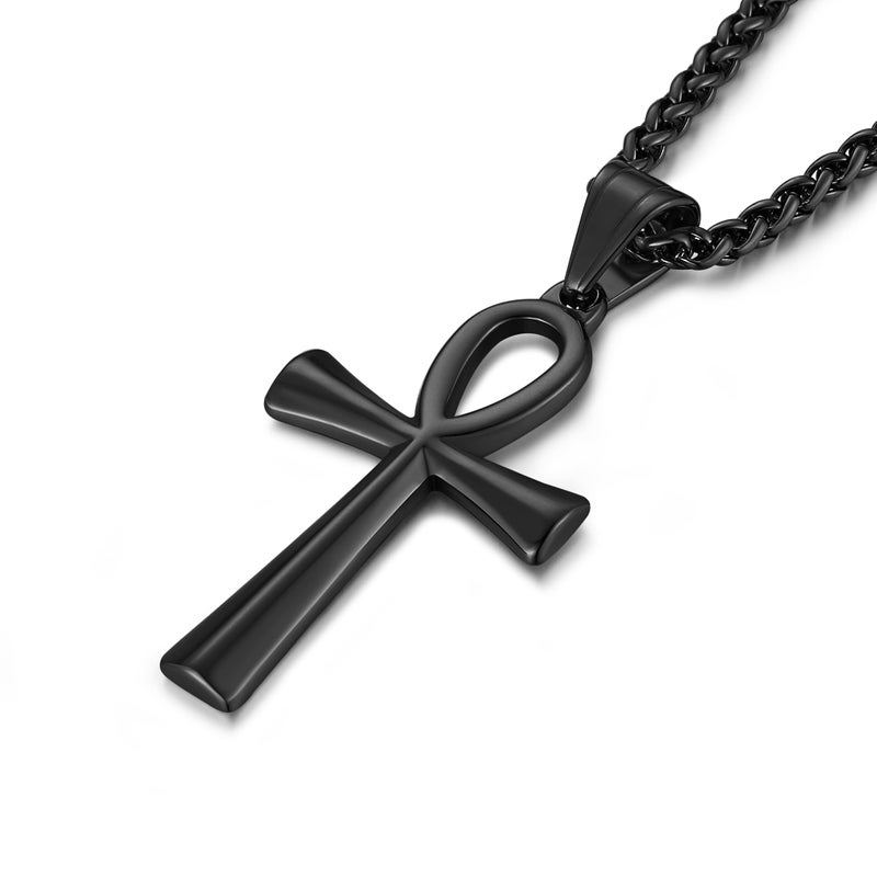 HZMAN Men's Black Stainless Steel Coptic Ankh Cross Religious Pendant Necklace, 22+2" Wheat Chain (Black) - Image 3