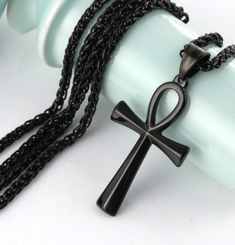 HZMAN Men's Black Stainless Steel Coptic Ankh Cross Religious Pendant Necklace, 22+2" Wheat Chain (Black) - Image 4