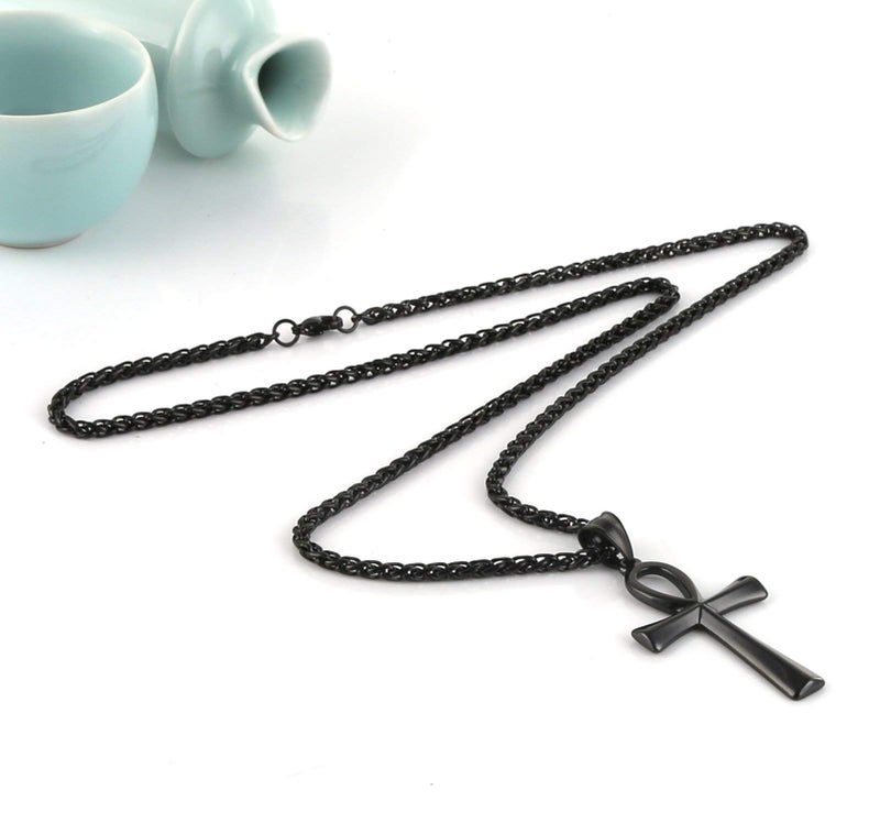 HZMAN Men's Black Stainless Steel Coptic Ankh Cross Religious Pendant Necklace, 22+2" Wheat Chain (Black) - Image 5