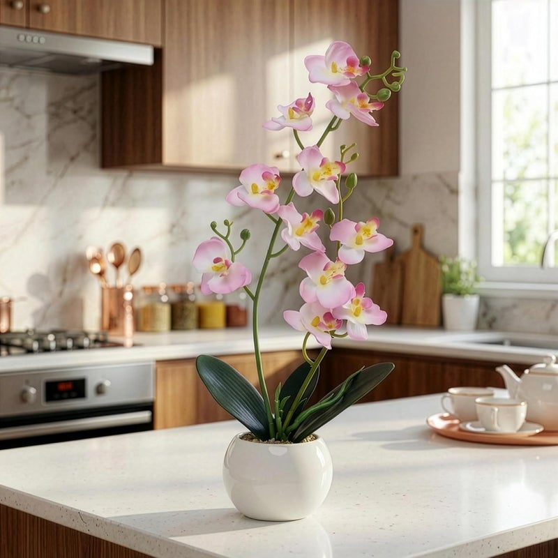 Decor & More - Artificial Orchid Flowers for Decoration with White Ceramic Pot | 43 cm Artificial Flowers with Pot | Phalaenopsis Flower for Vase | Realistic Flower for Home, Bedroom, Office - Image 1