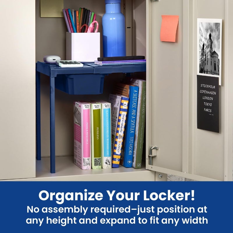 LockerMate AdjustAShelf Locker Shelf  Organizer Extends to Fit Your Locker Easy to Use Perfect for School Work Gym Includes Storage Drawer Blue - Image 3