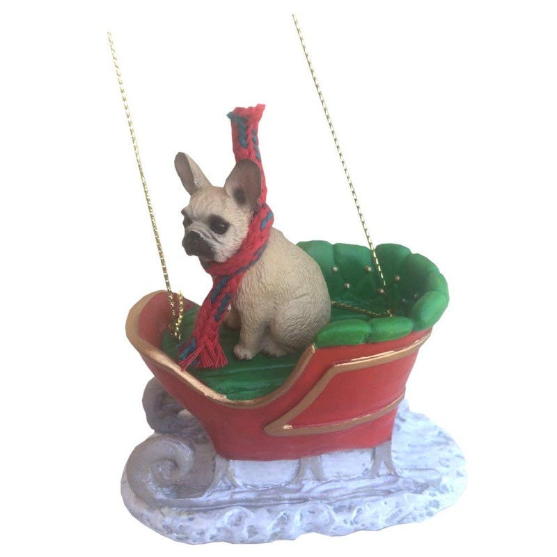 French Bulldog Sleigh Ride Christmas Ornament Fawn - Delightful!