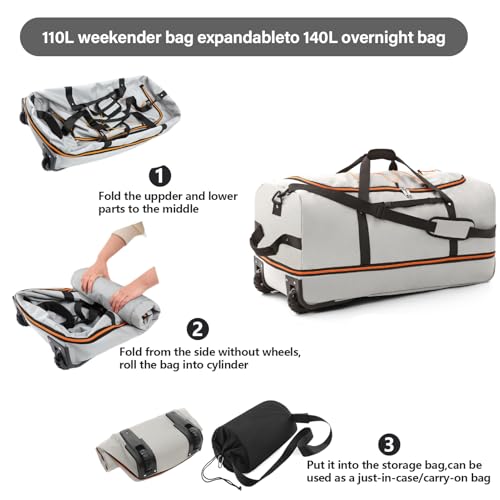 Vomgomfom 32" Soft-Sided Foldable Wheeled Travel Duffel Bag,Expandable 110L to 140L Rolling Cargo Bag with 2 Wheels and Multiple Pockets,Grey - Image 3