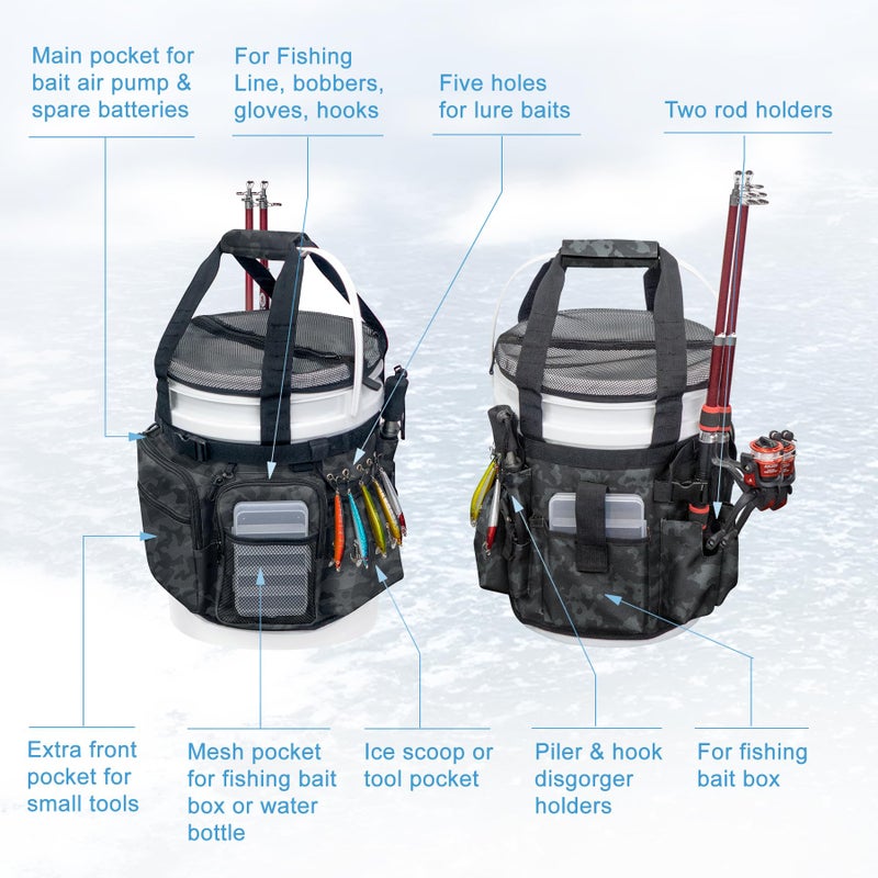 WTVIDAS Fishing Bucket Organizer with Top Cover, Ice Fishing Tackle Bag with Rod & Plier Holder, Multi-Pockets for 5 Gallon Bucket Fish Gear & Accessories - Image 2