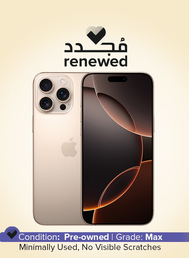 ابل  مجدد - آيفون 16 برو ماكس 512 جيجابايت تيتانيوم صحراوي 5G (شريحة إلكترونية فقط) مع فيس تايم - النسخة الأمريكية - Image 1