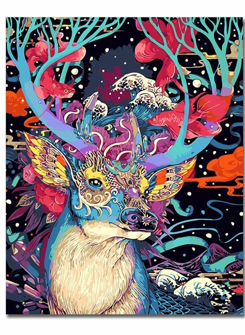 KASTWAVE DIY Oil Painting Paint by Numbers Colourful Floral Deer Canvas Print Wall Art Home Decoration Frameless No Frame for Kids Students Adults Beginner with Brushes Pigment - Image 1