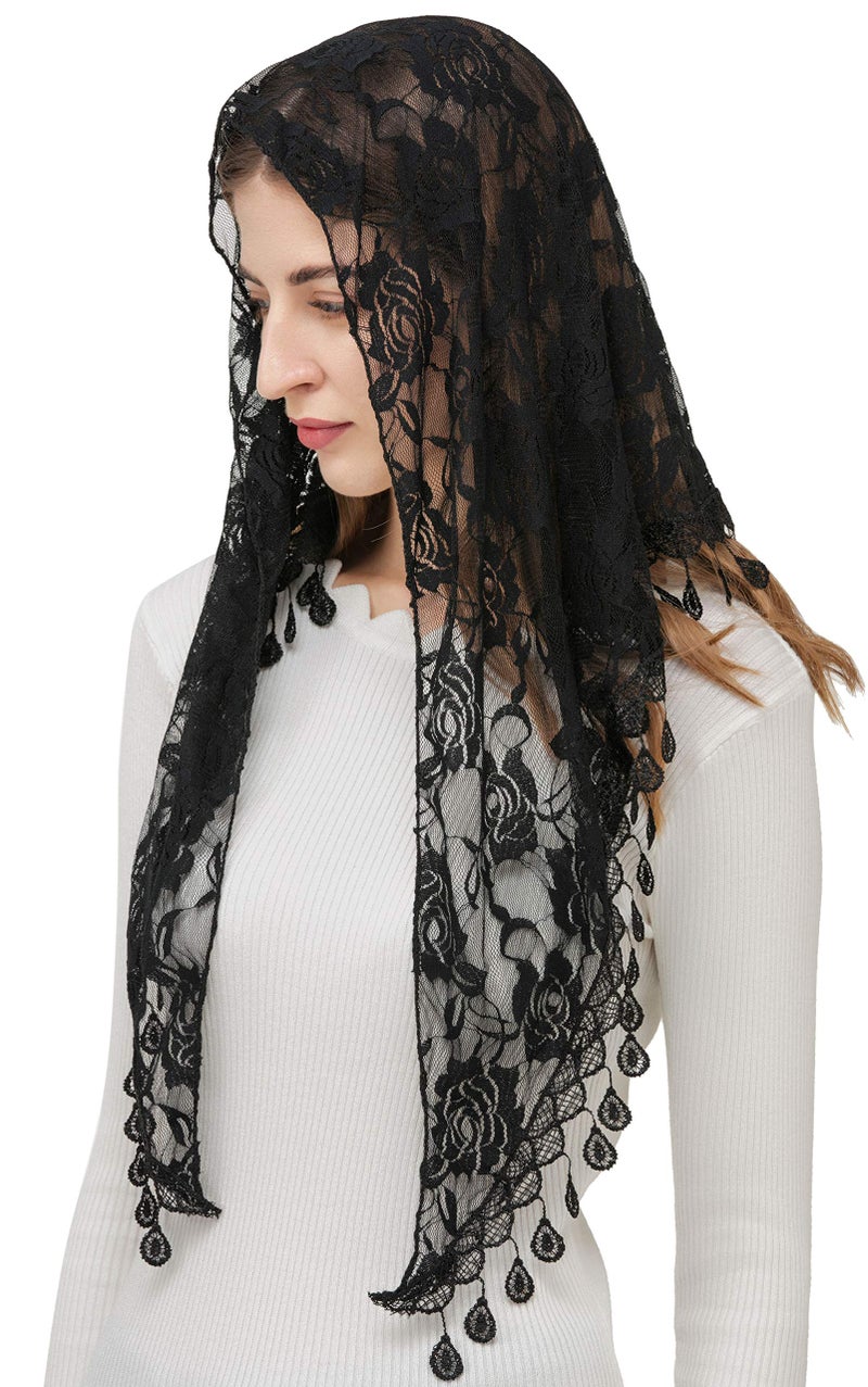 PAMOR Mass Veil Triangle Mantilla Cathedral Head Covering Chapel Veil Lace Shawl Latin Scarf (Black) - Image 1